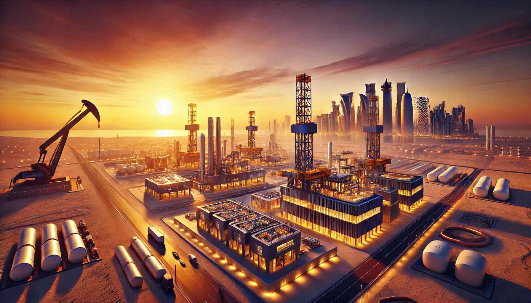 A-high-resolution-image-of-a-modern-oil-and-gas-facility-in-Qatar-during-a-desert-sunset